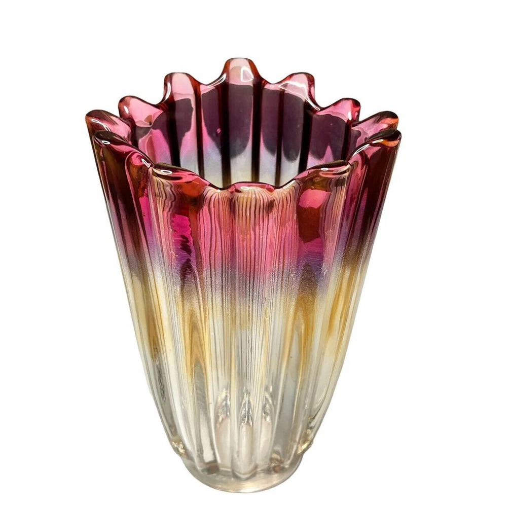 Vintage Carnival Glass Vase MCM Gem Tone 8” Vase Federal Glass Ombre Vase